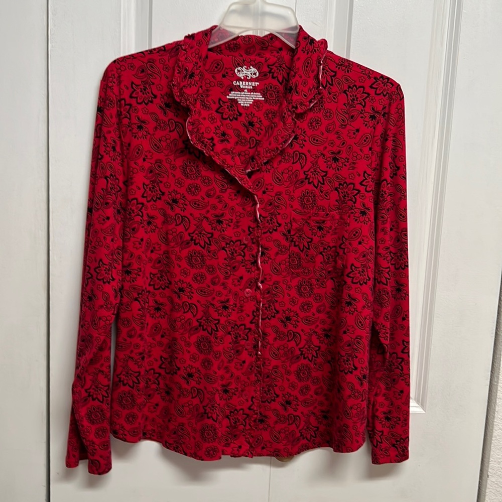 Cabernet Red Black Floral Print Pocket Long Sleeve Pajama Top Size 1X